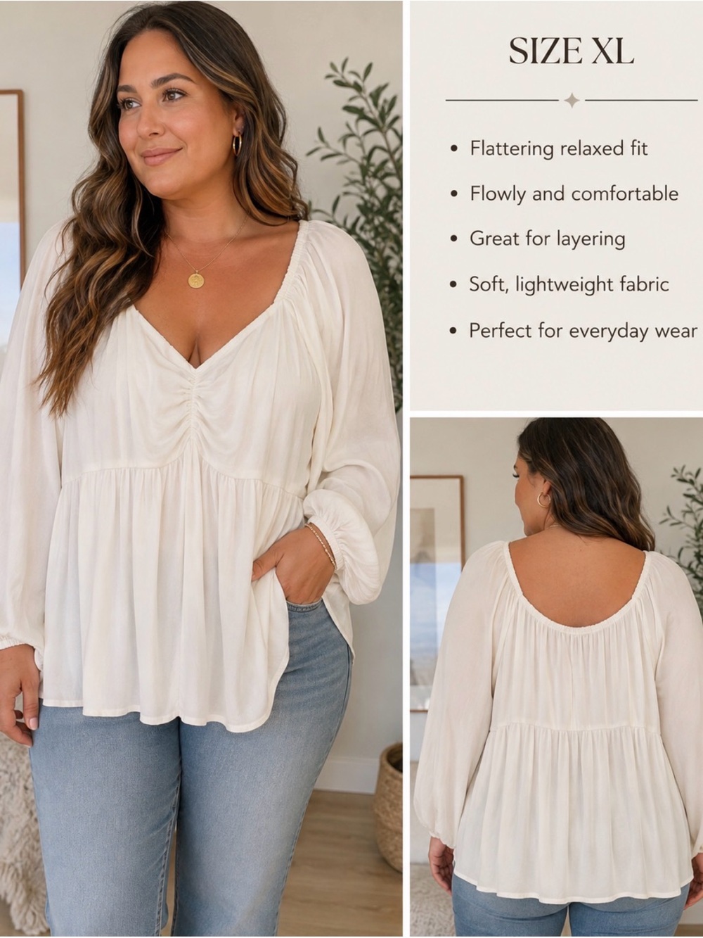 Arula Boho Peasant Blouse XL Cream Flowy Babydoll Top Balloon Sleeve Cottagecore